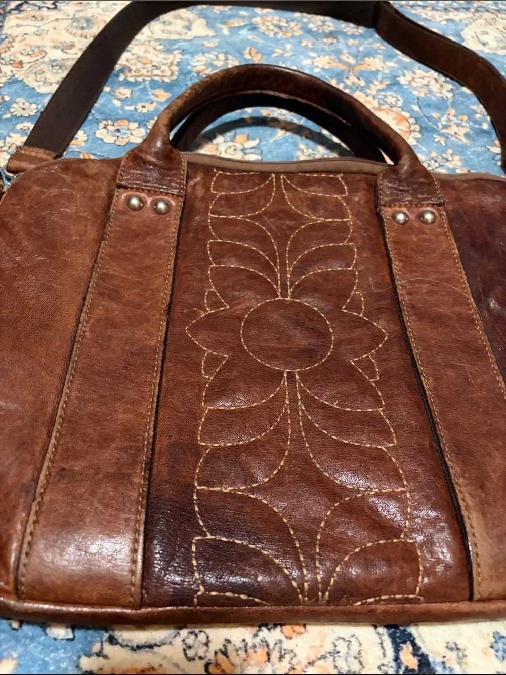 Fossil Brown Leather Laptop Messenger with Floral Stitching